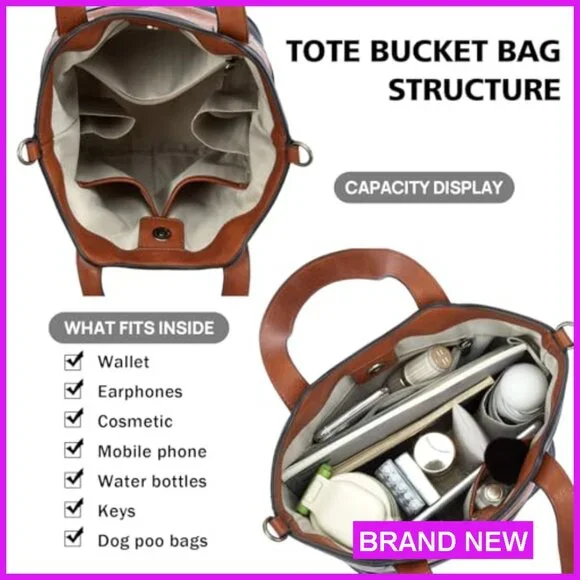 Vegan Leather Bucket Purse Top Handle Crossbody Satchel with Bottle Pockets